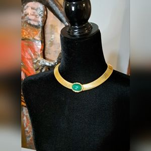 SIGNED Vintage Monet Gold Necklace with Emerald Stone